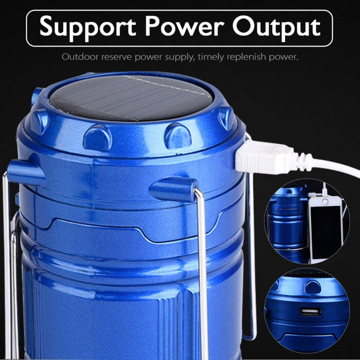 Kalsten | LED Tent Light Solar Rechargeable Camping Lamp Expandable Multifunctional Lantern, Supports USB Output, EU Plug (Blue)