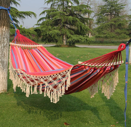 200x150cm Double Outdoor Camping Canvas Hammock with Tassels and Pole (Pink Stripes)