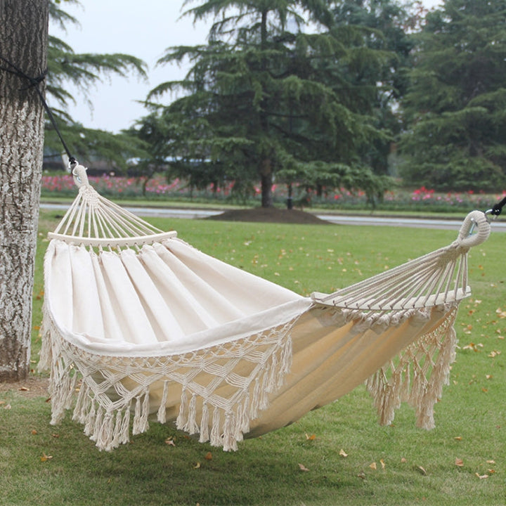 Kalsten | 200x150cm Double Outdoor Camping Fringe Canvas Hammock with Pole (White)