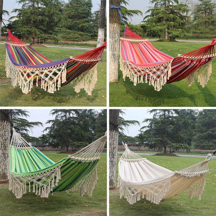 Kalsten | 200x150cm Double Outdoor Camping Tassel Canvas Hammock with Rod (Pink Stripes)