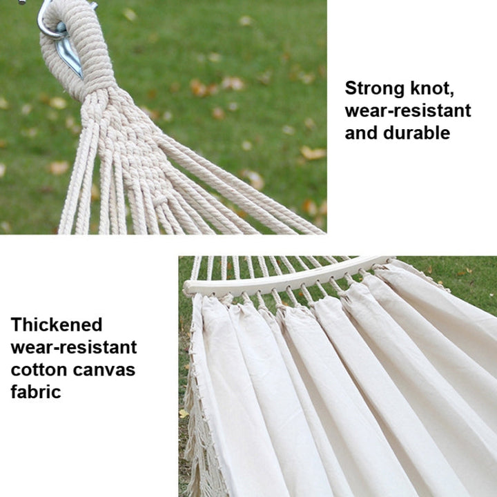 Kalsten | 200x150cm Double Outdoor Camping Fringe Canvas Hammock with Pole (White)