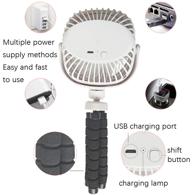 Octopus Stroller Deformation Fan Desktop Portable Handheld USB Small Fan, Colour: 1200mAh White | Kalsten