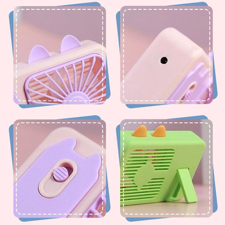 Cute Cartoon Kitten Camera Handheld Large Wind Rechargeable Fan With Stand Desktop Fan(Pink) | Kalsten