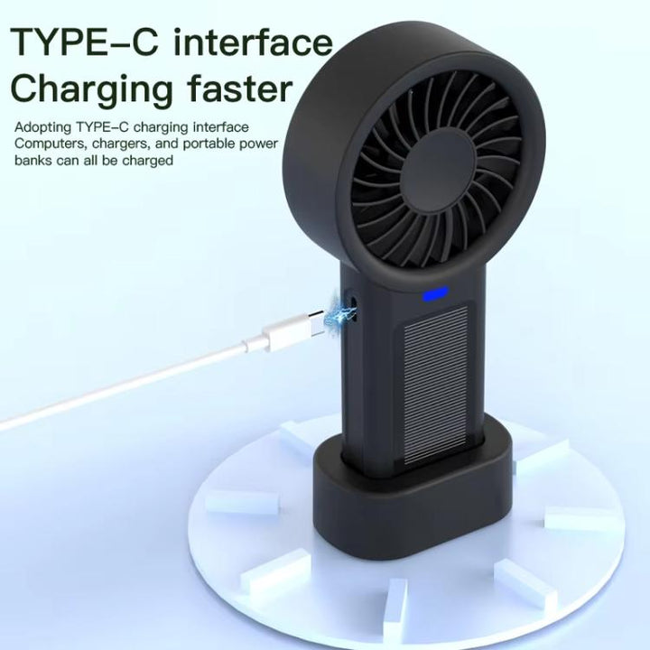 Solar Powered Handheld & Desk Fan with 5-Speed Turbo 12 Blades USB Type-C Fast Charging(Black) | Kalsten