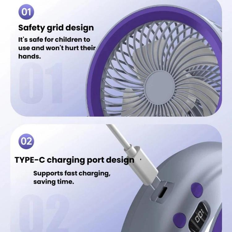 Foldable Air Circulator Fan With Battery Indicator Household Desktop & Wall-Mounted Fan With LED Light(Grey Purple) | Kalsten