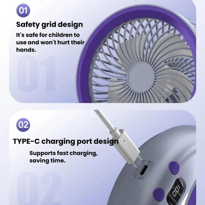 Foldable Air Circulator Fan With Battery Indicator Household Desktop & Wall-Mounted Fan With LED Light(Grey Purple) | Kalsten