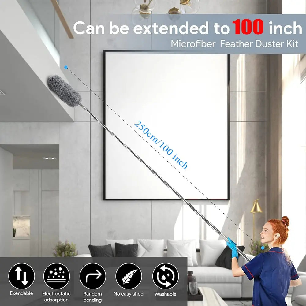 Noxord | Telescopic dust duster with extra long microfiber head (Free 3 replacement cleaning heads)