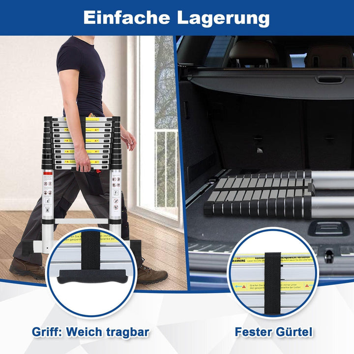 Telescopic ladder Aluminium Load capacity up to 150kg 2.6m-5m with stabilizer | Kalsten