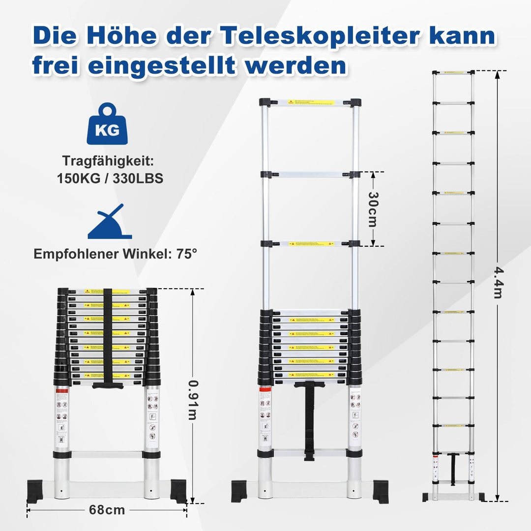 Telescopic ladder Aluminium Load capacity up to 150kg 2.6m-5m with stabilizer | Kalsten