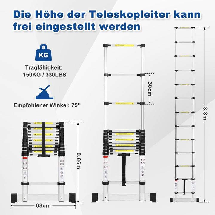 Telescopic ladder Aluminium Load capacity up to 150kg 2.6m-5m with stabilizer | Kalsten