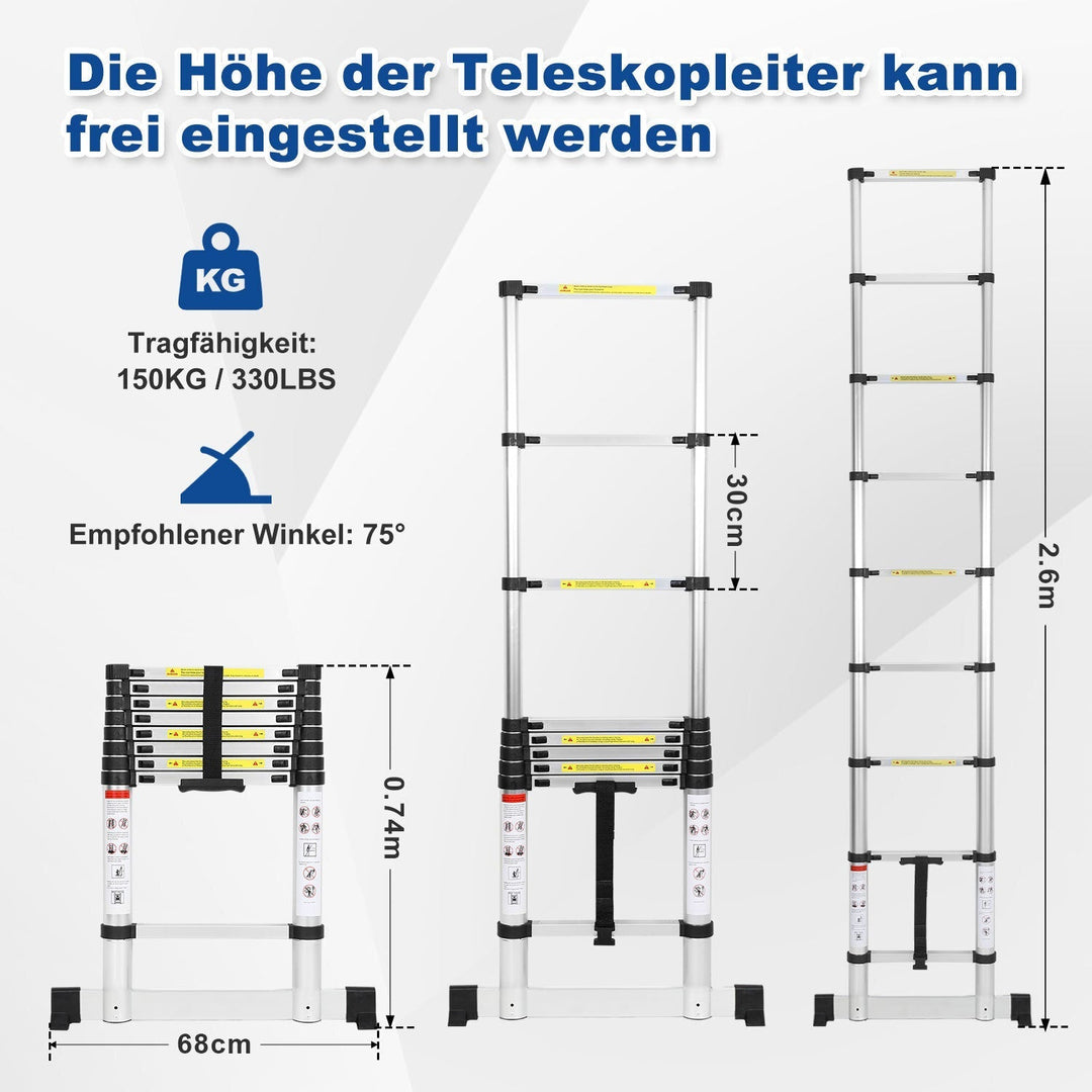 Telescopic ladder Aluminium Load capacity up to 150kg 2.6m-5m with stabilizer | Kalsten