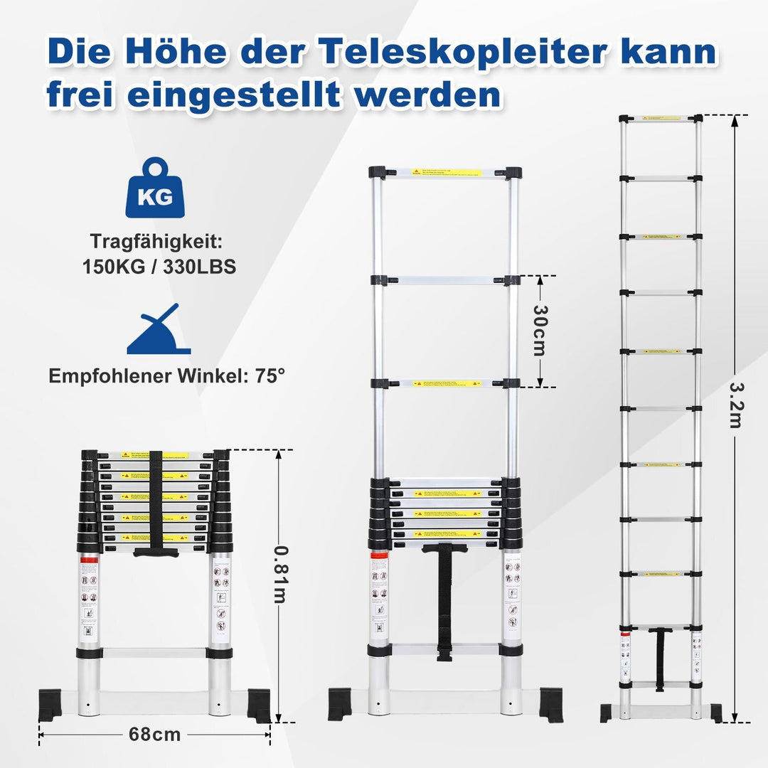 Telescopic ladder Aluminium Load capacity up to 150kg 2.6m-5m with stabilizer | Kalsten