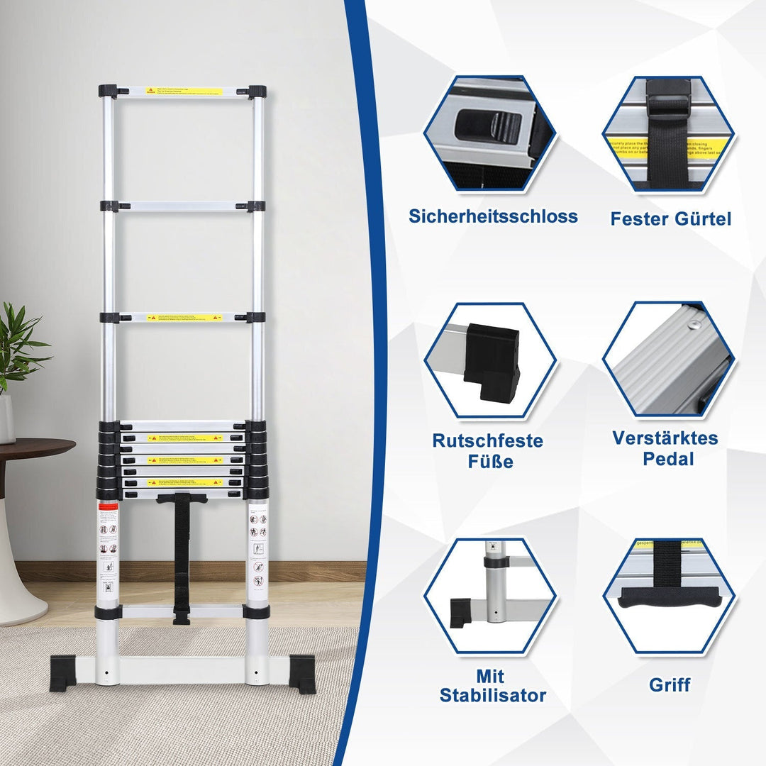 Telescopic ladder Aluminium Load capacity up to 150kg 2.6m-5m with stabilizer | Kalsten