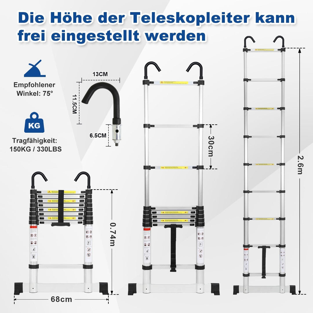 Telescopic ladder with 2 removable hooks with stabilizer | Kalsten