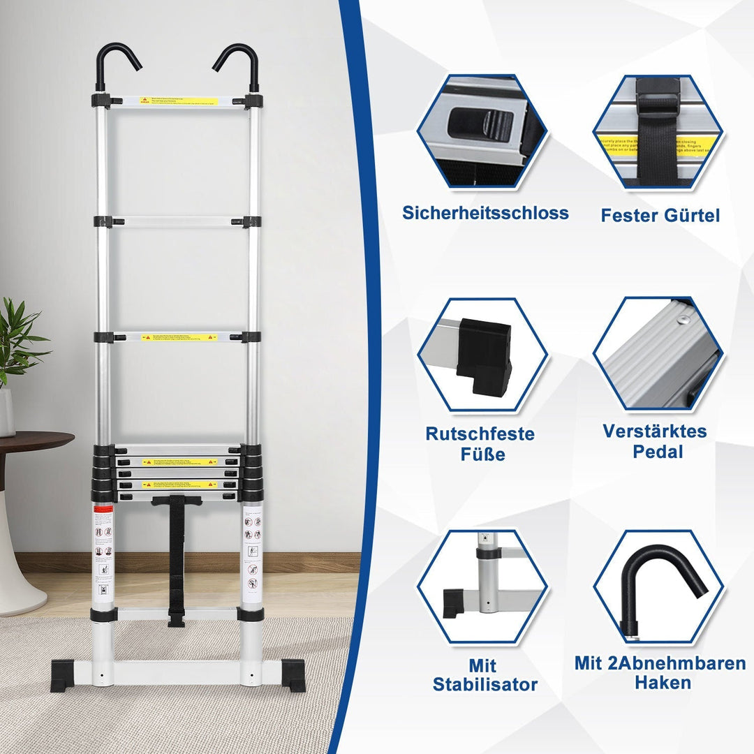 Telescopic ladder with 2 removable hooks with stabilizer | Kalsten