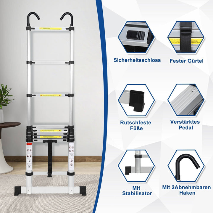 Telescopic ladder with 2 removable hooks with stabilizer | Kalsten