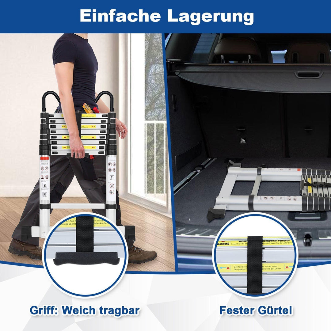 Telescopic ladder with 2 removable hooks with stabilizer | Kalsten