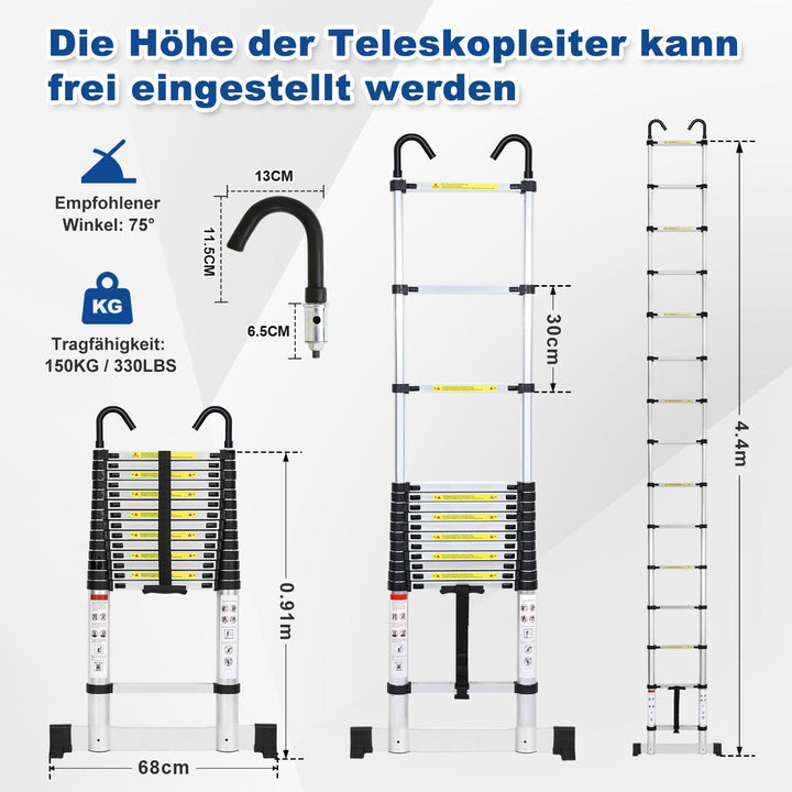 Telescopic ladder with 2 removable hooks with stabilizer | Kalsten
