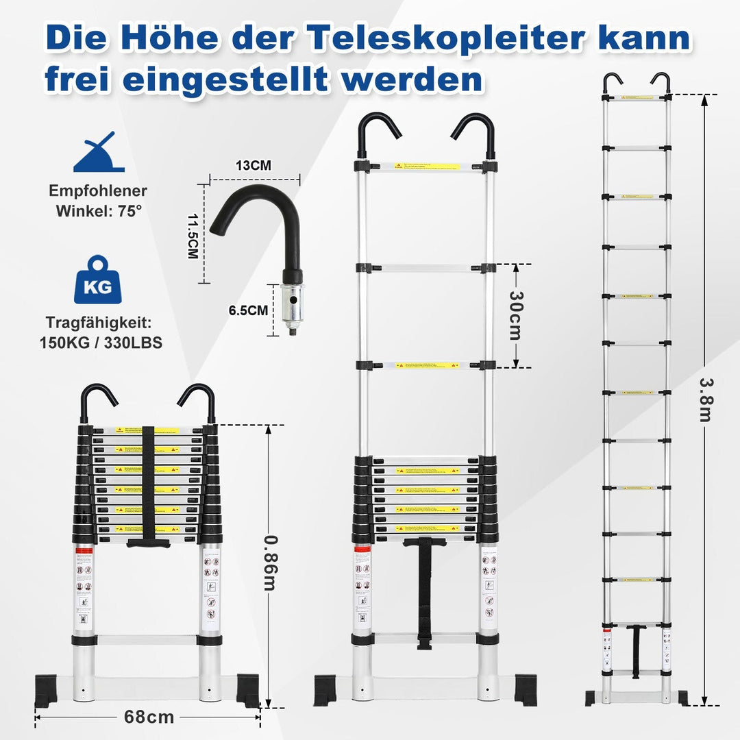 Telescopic ladder with 2 removable hooks with stabilizer | Kalsten