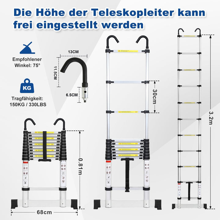 Telescopic ladder with 2 removable hooks with stabilizer | Kalsten