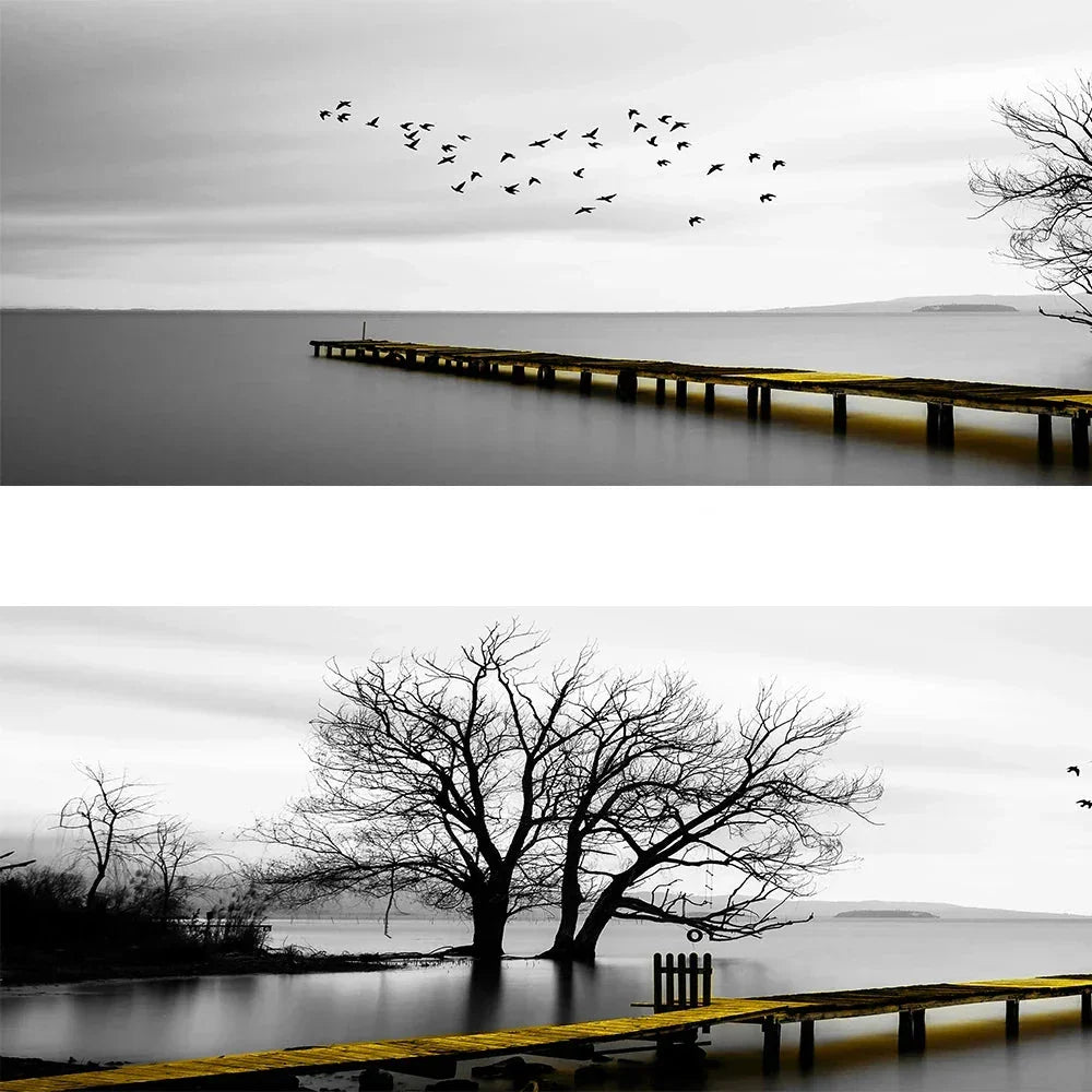 Quiet Lake Pier Panoramic Landscape Wall Art Fine Canvas Prints Black and White Serene Images for Above the Sofa or Bed