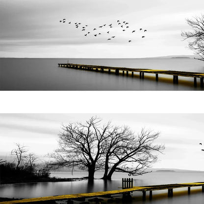 Quiet Lake Pier Panoramic Landscape Wall Art Fine Canvas Prints Black and White Serene Images for Above the Sofa or Bed