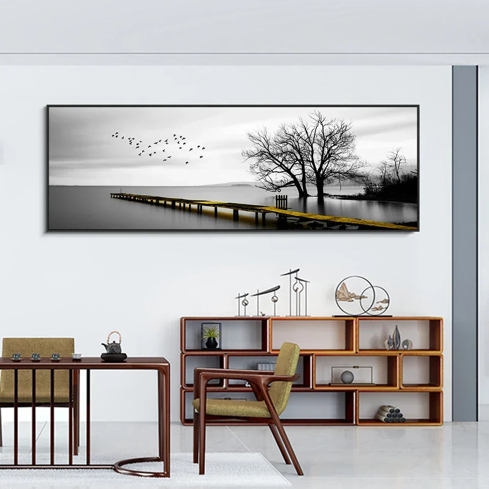 Quiet Lake Pier Panoramic Landscape Wall Art Fine Canvas Prints Black and White Serene Images for Above the Sofa or Bed