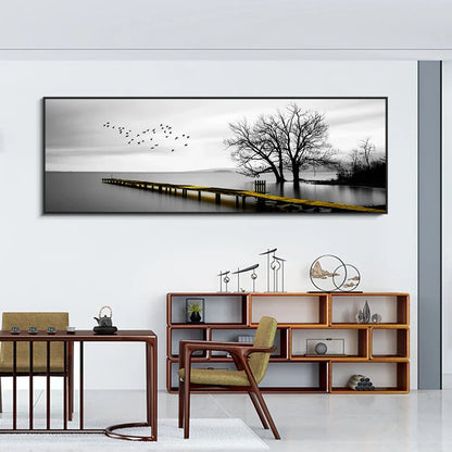 Quiet Lake Pier Panoramic Landscape Wall Art Fine Canvas Prints Black and White Serene Images for Above the Sofa or Bed