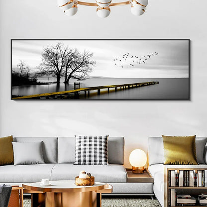 Quiet Lake Pier Panoramic Landscape Wall Art Fine Canvas Prints Black and White Serene Images for Above the Sofa or Bed