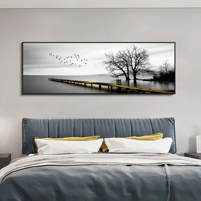 Quiet Lake Pier Panoramic Landscape Wall Art Fine Canvas Prints Black and White Serene Images for Above the Sofa or Bed