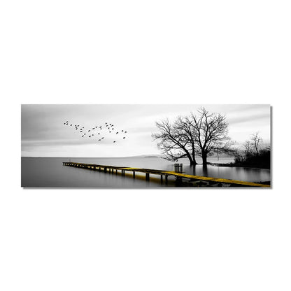 Quiet Lake Pier Panoramic Landscape Wall Art Fine Canvas Prints Black and White Serene Images for Above the Sofa or Bed