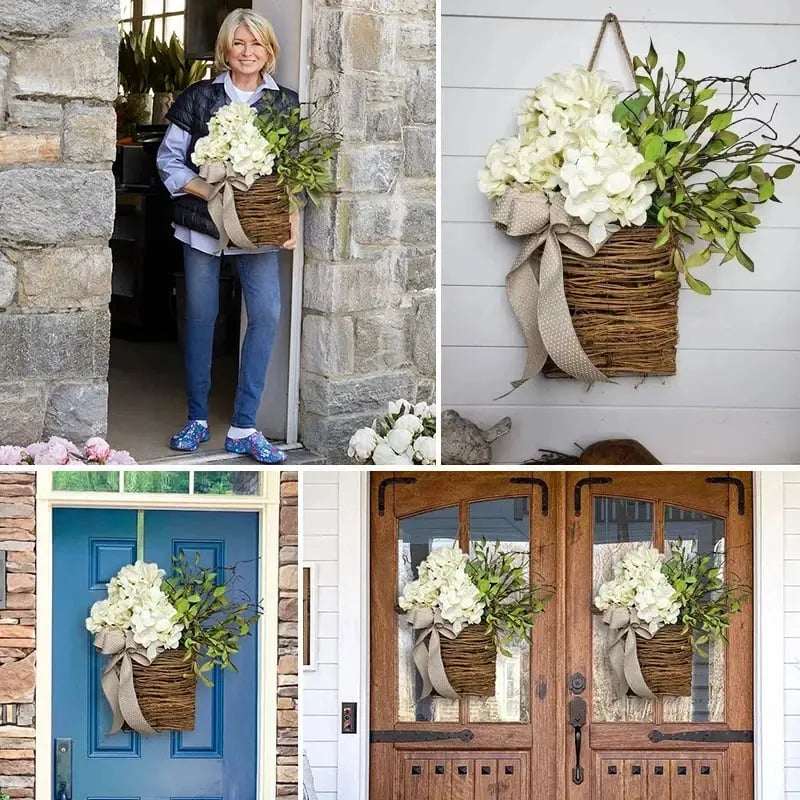 BowLift | Door hanger with cream hydrangeas – rattan basket wreath with artificial flowers