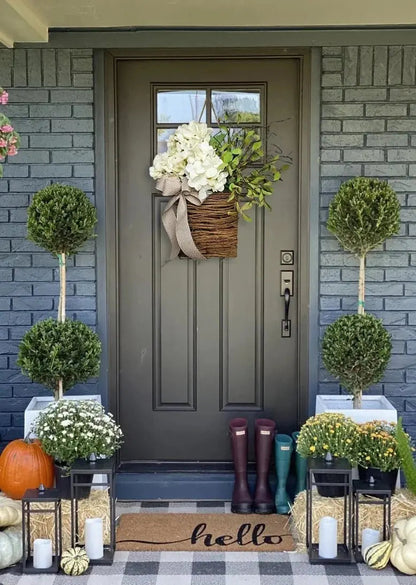 BowLift | Door hanger with cream hydrangeas – rattan basket wreath with artificial flowers