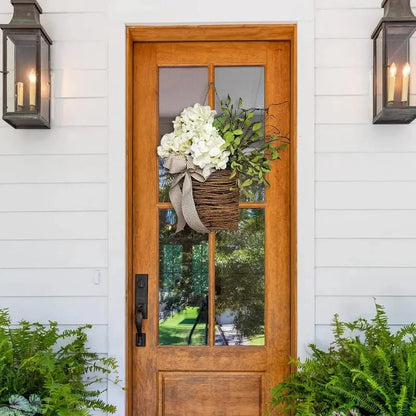 BowLift | Door hanger with cream hydrangeas – rattan basket wreath with artificial flowers