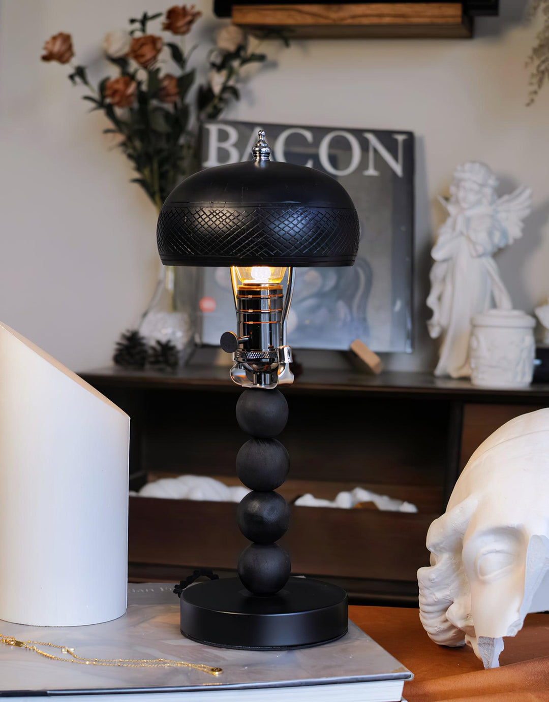 Turned Wood Candlestick Shaped Table Lamp 4.7' | Kalsten