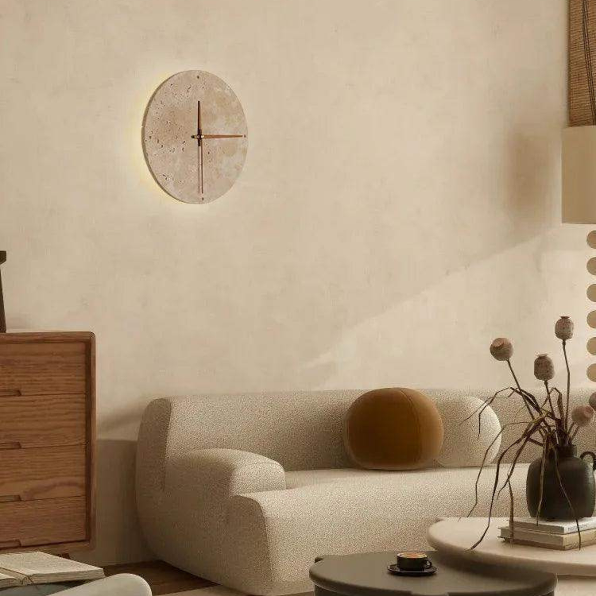 Travertine Wall Clock with LED Light – Minimalist & Decorative | High-Quality Natural Stone Clock | Karnz