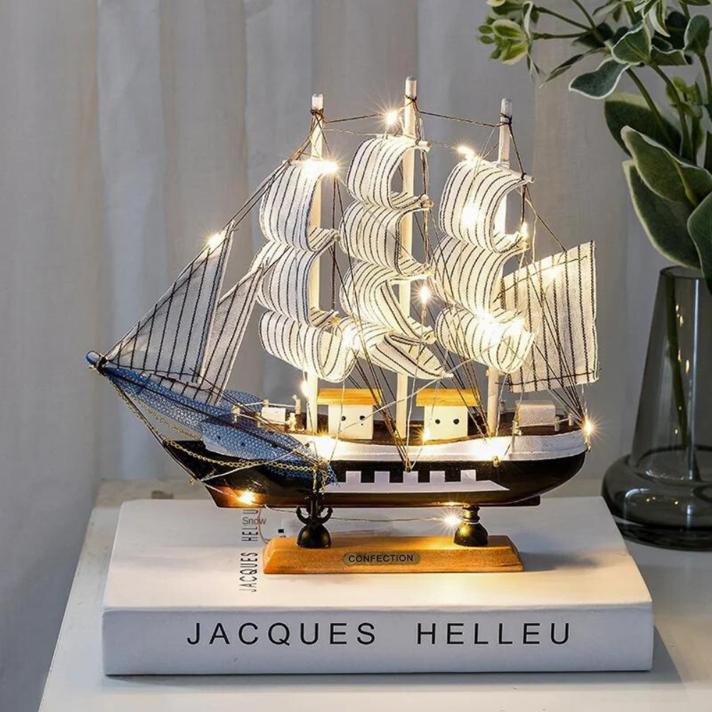 Karnz | Royaleva Nordic Wooden Sailboat Sculpture - LED illuminated decor piece, battery-operated