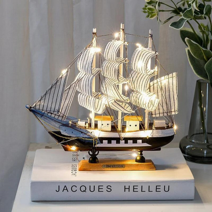 Karnz | Royaleva Nordic Wooden Sailboat Sculpture - LED illuminated decor piece, battery-operated