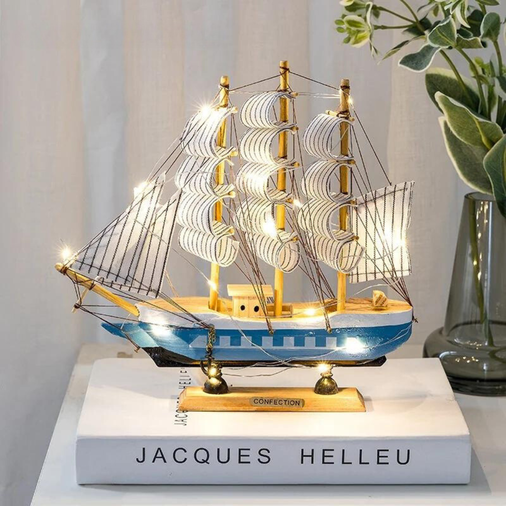 Kalsten | Royaleva Nordic Wood Sailboat Sculpture - LED illuminated decorative piece, battery-operated