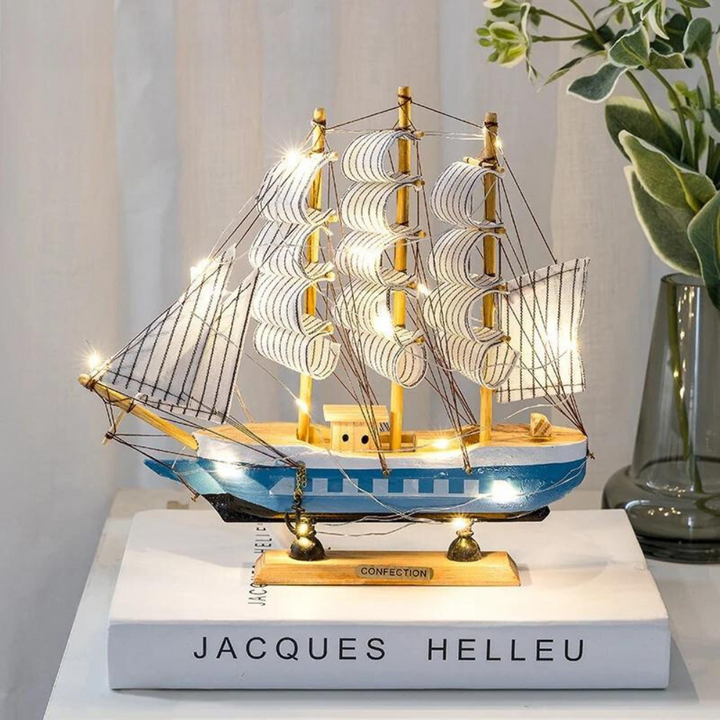 Kalsten | Royaleva Nordic Wood Sailboat Sculpture - LED illuminated decorative piece, battery-operated
