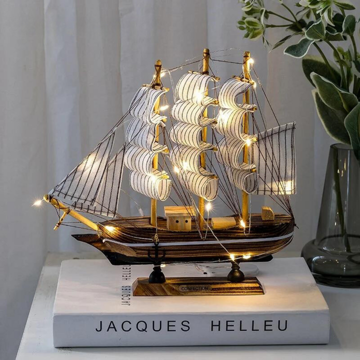 Kalsten | Royaleva Nordic Wood Sailboat Sculpture - LED illuminated decorative piece, battery-operated