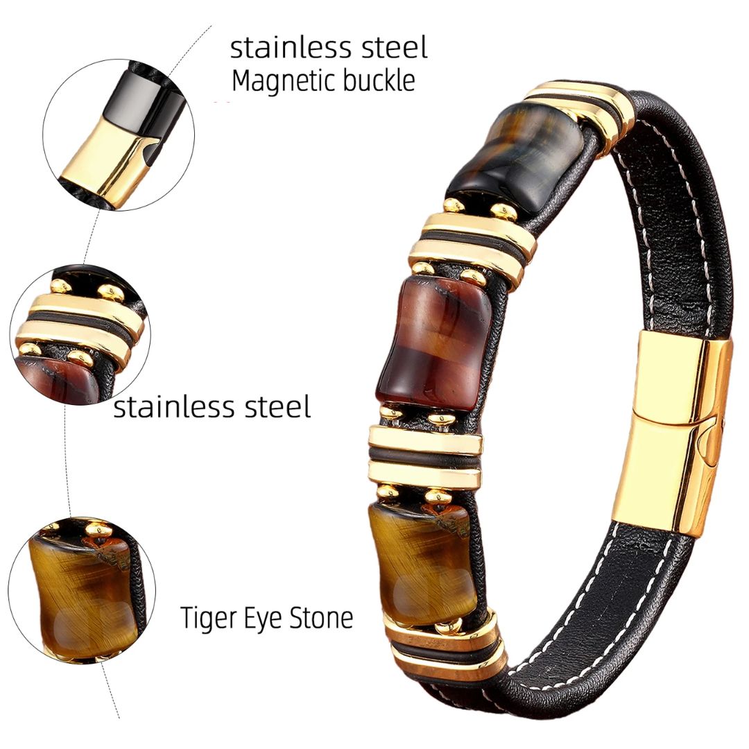 Kalsten | Bracelet Leather Gold | Tiger Eye Beaded Men’s Jewelry