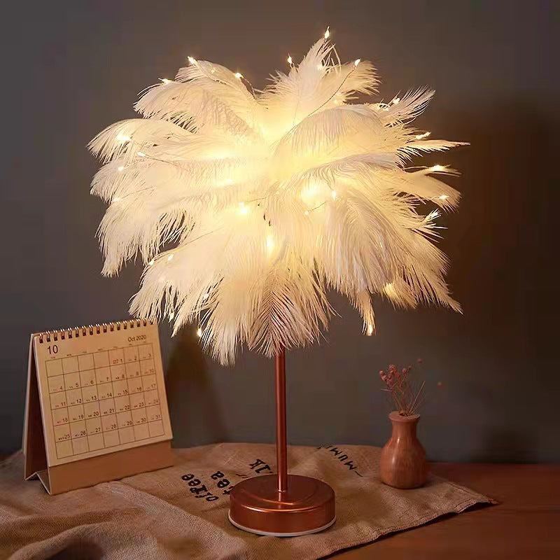 Ostrich Night Light | Eccentric Lamp with Feathers & Rose Gold Base | Kalsten