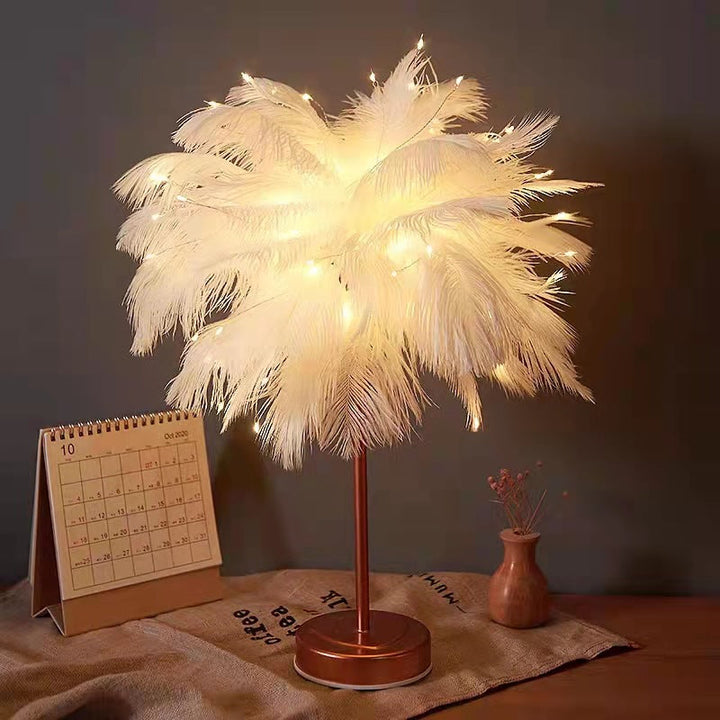 Ostrich Night Light | Eccentric Lamp with Feathers & Rose Gold Base | Kalsten