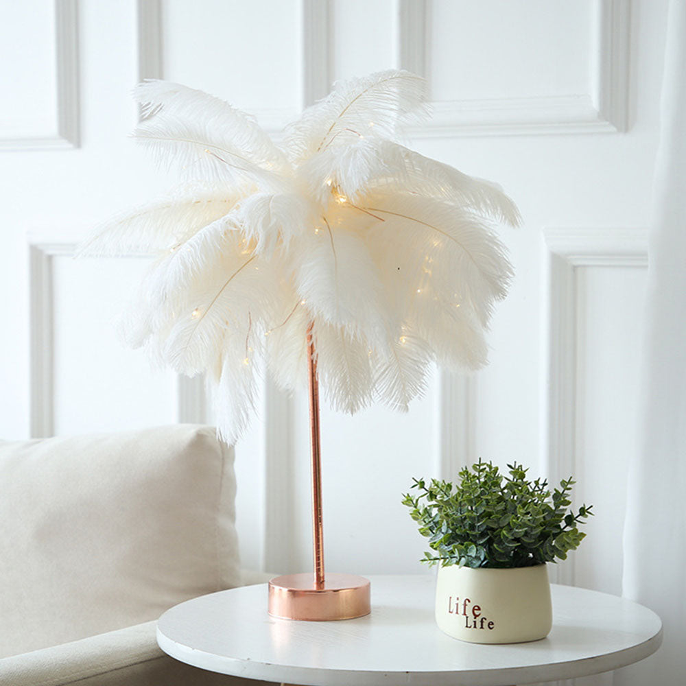 Ostrich Night Light | Eccentric Lamp with Feathers & Rose Gold Base | Kalsten