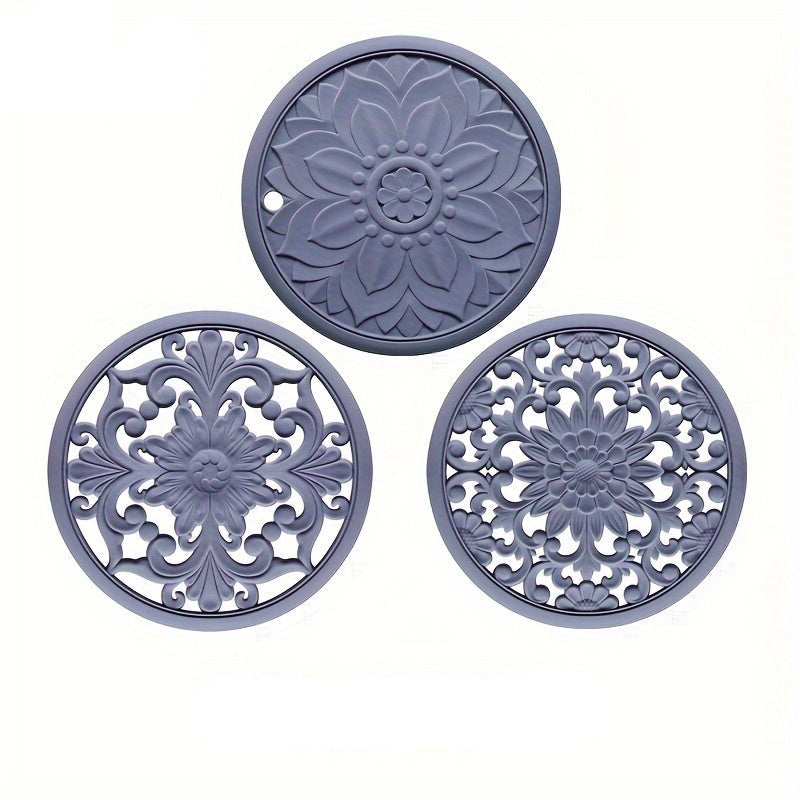 BowLift | Set of 3 Heat Resistant Silicone Mats with Floral Pattern – Protection up to 230°C, Non-Slip, 16 cm