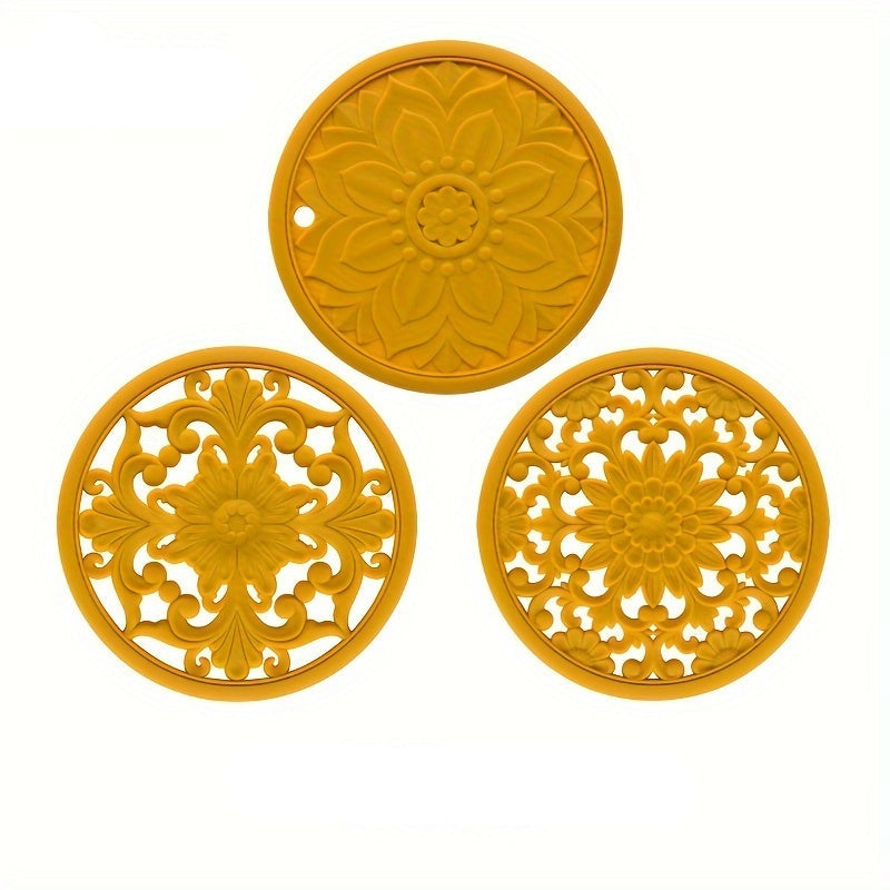 Kalsten | Set of 3 Heat Resistant Silicone Mats with Floral Pattern – Protection up to 230°C, Non-Slip, 16 cm