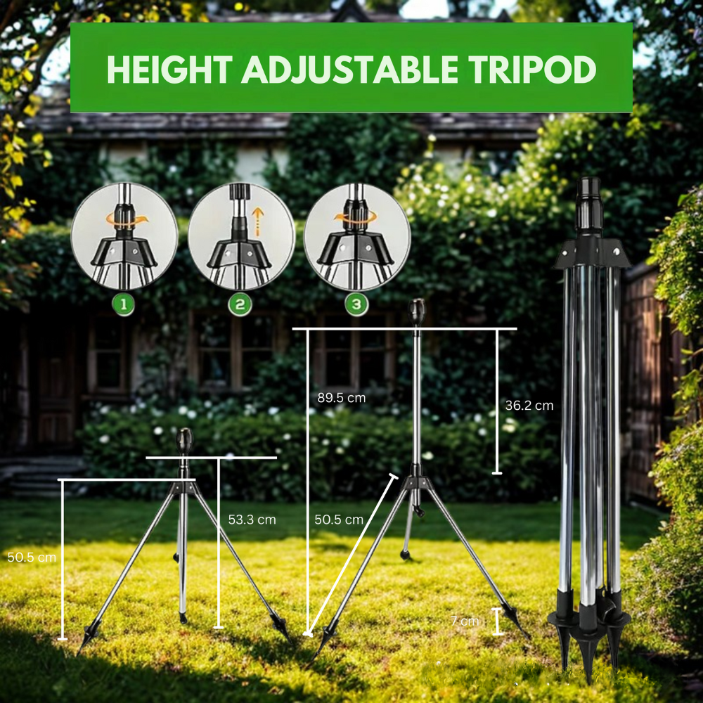 Kalsten | Adjustable 360° Garden Sprinkler on Tripod – Stainless Steel Height-Adjustable Lawn Irrigation System