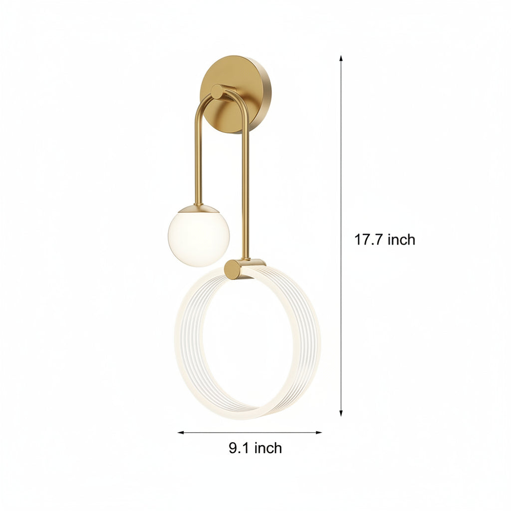 LED Wall Sconce Light – Modern 2-Light Gold Acrylic Ring Frosted Globe (45x23cm / 17.7x9.1in) | Kalsten