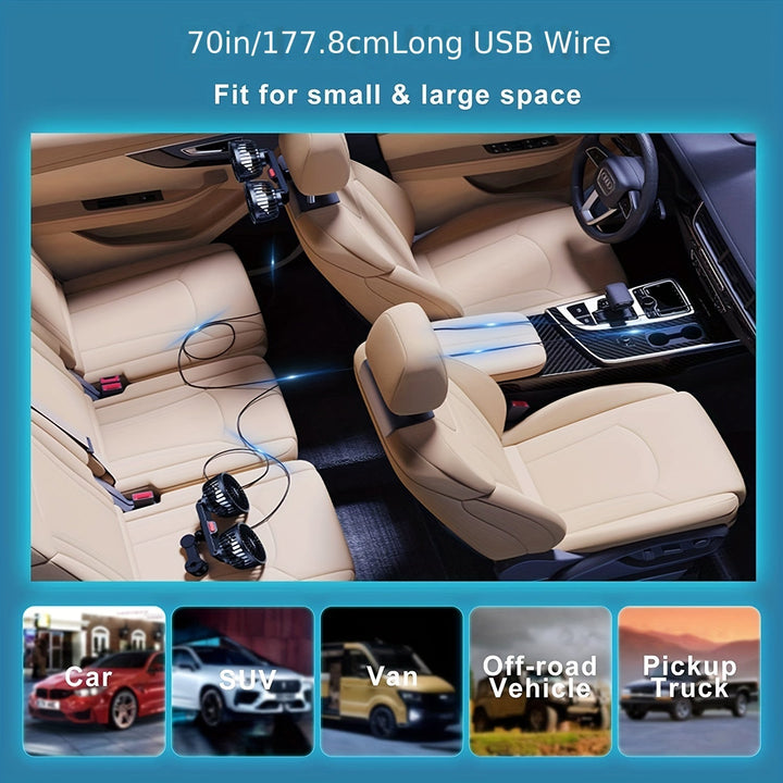 1 Pc Car Fan, Car Small Air Conditioner, Double-headed Rear Fan, Strong Wind, 360 Degrees Rotation, Large Air Volume, Subwoofer Operation, Base Fixed Clip Mounting Method, Suitable For Car Home | Kalsten